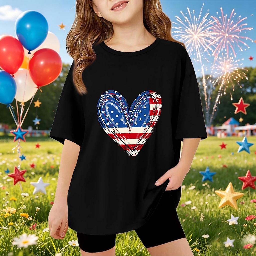 Kids Short Sleeve T Shirt Independence Day Print Top Casual Loose Fit Lightweight Summer Tee for Boys Girls