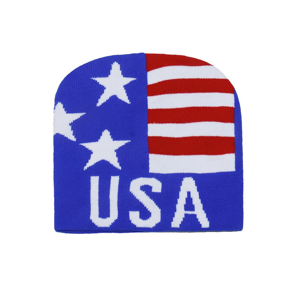 

2025 autumn and winter new wool hat USA flag jacquard beanie warm knitted hat cold hat men M（56-58cm） синий
