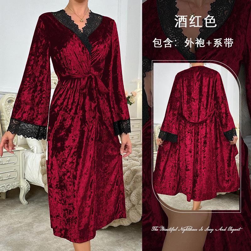 Extended bathrobe sexy lace light luxury long-sleeved velvet nightgown bathrobe