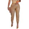 Women Fashion Solid Color Drawstring Pocket PU Leather Casual Fashion Drawstring Leather Pants Trousers Women