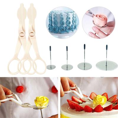 6Pcs/Set Flower Scissor +Cake Tray Nail Decor Lifter Fondant Cream Transfer Baking Cake Decoration Tools Kitchen Supplies
