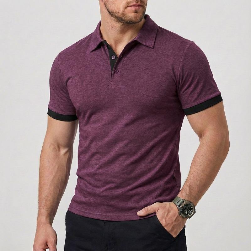 Men Turn Down Collar Short Sleeve Polo Shirt Contrast Cuff Slim Fit Casual Business Daily Tops