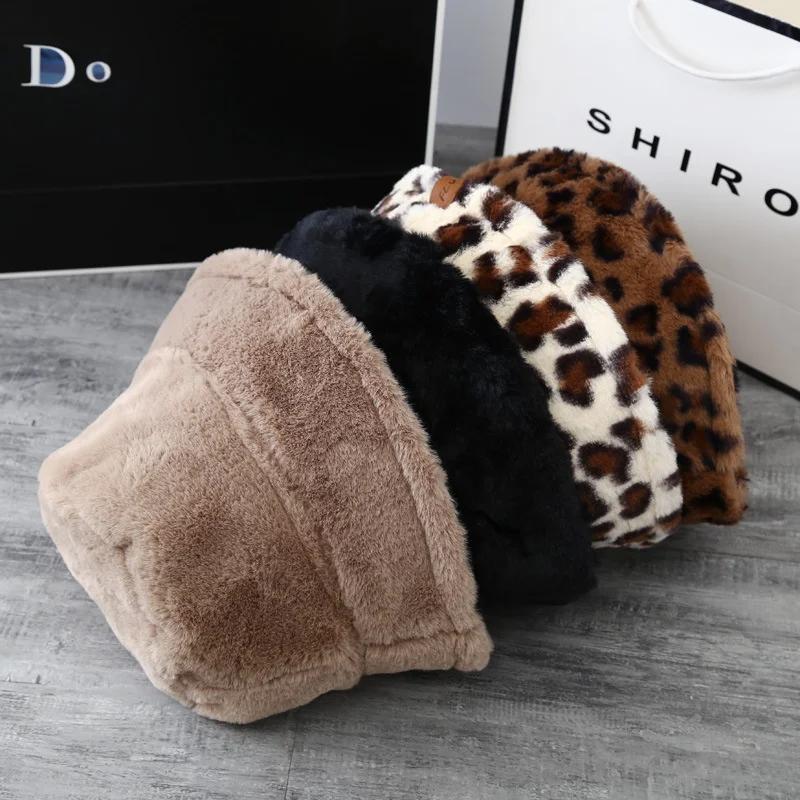 Hat Women Autumn and Winter Sweet and Cute Bucket Hcap Fashion Leopard Hat Plush Fisherman Hat Warm Thick Basin Hats