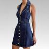 Womens Dark Blue Sleeveless Denim Button Down Dress with Notch Collar