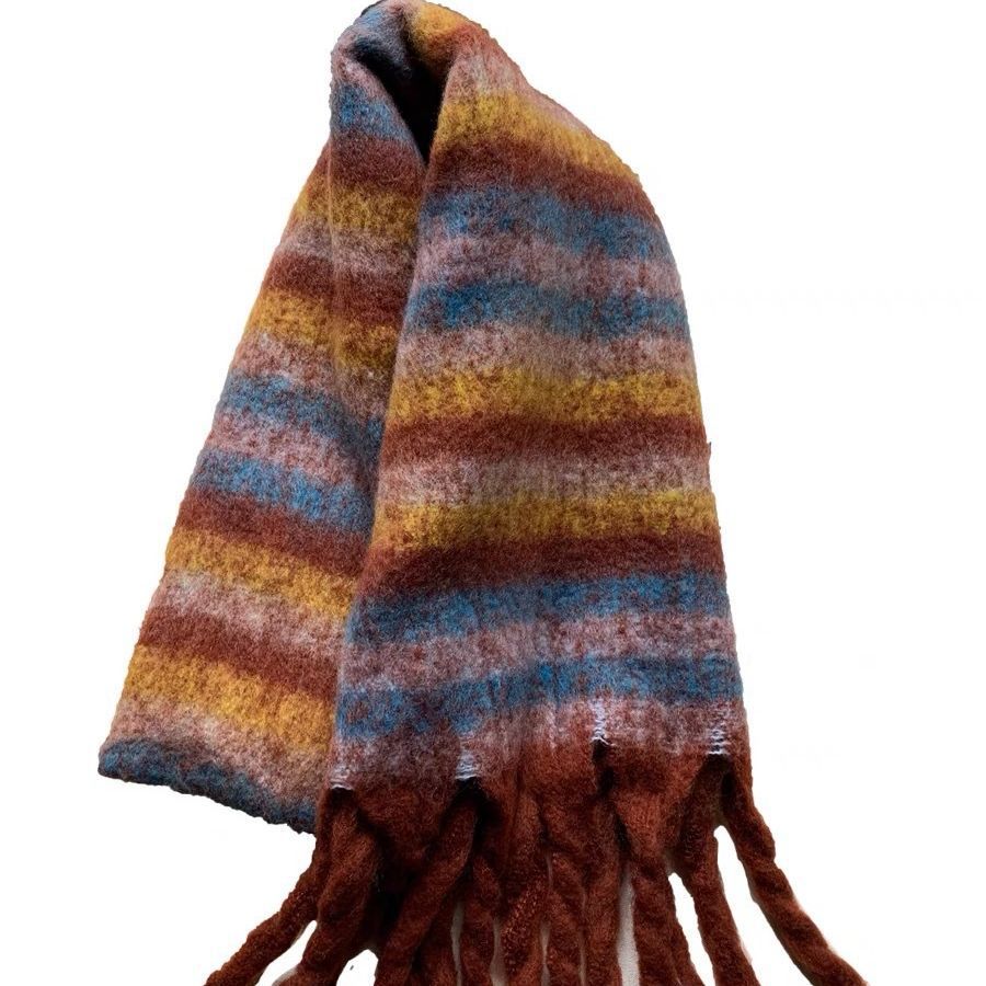 Korean Version of Mohair Rainbow Plaid Scarf Women's Autumn and Winter Popular Versatile Shawl High-end Imitation Cashmere Warm Scarf