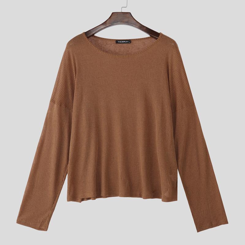 INCERUN Men Scoop Neck Long Sleeve Texture Flimsy Rib Casual Loose T-shirts Tops Undershirts