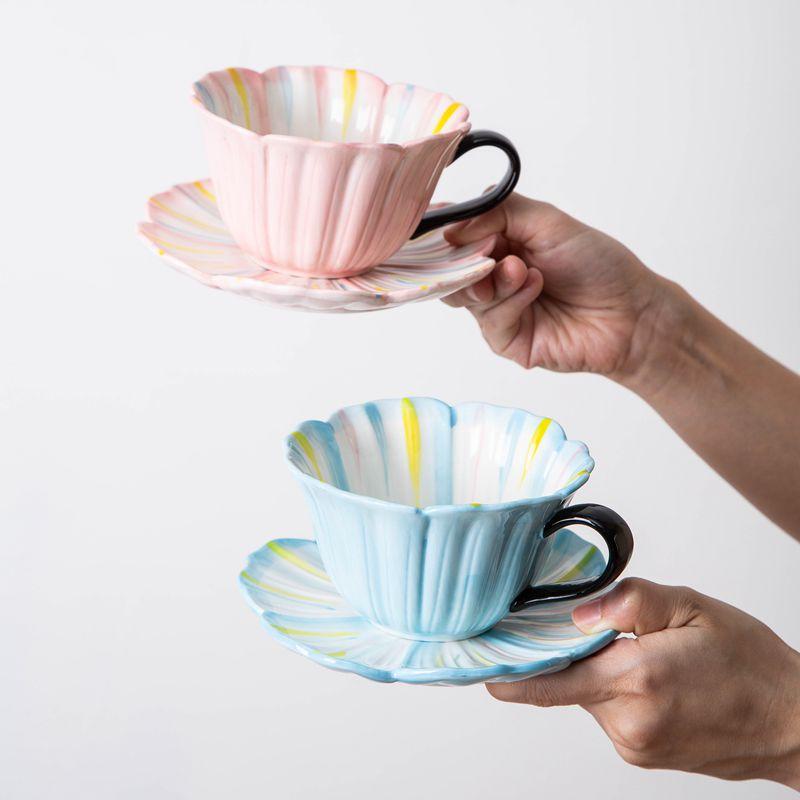 Keramik-Kaffeebecher und Untertassen, handbemalte Blumen, handbemalte unregelmäßige Tassen und Untertassen, hochwertige Frühstückstassen