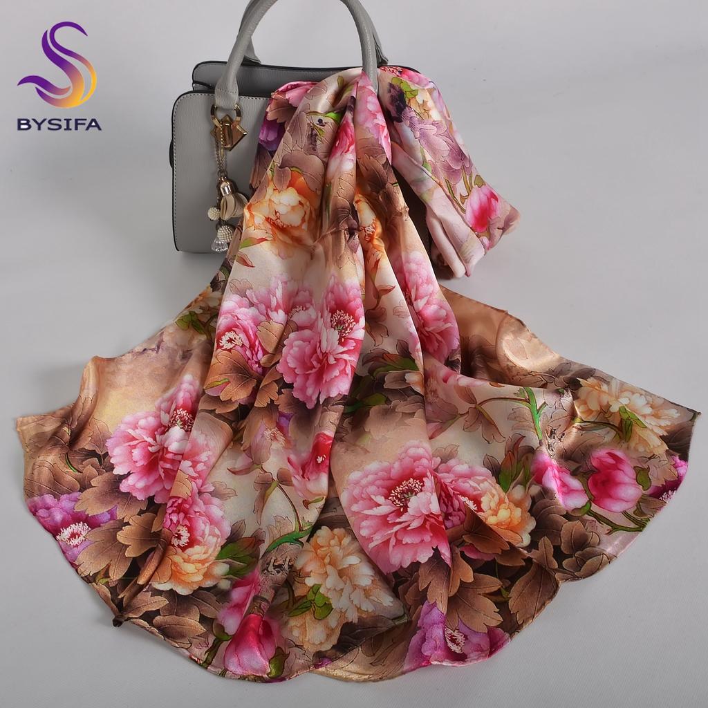 Blue Purple Silk Scarf Foulard Women Brand China Peony Long Scarves Printed Fall Winter100% Silk Ladies Scarf 170*53cm