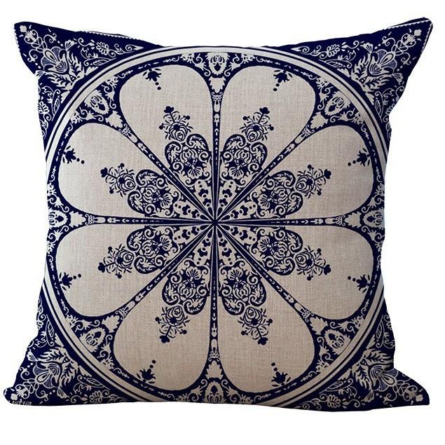 Retro Blue and White Porcelain Pillowcase Geometric Printed Cotton and Linen Sofa Pillowcase Bathroom Sofa Decorative Pillowcase