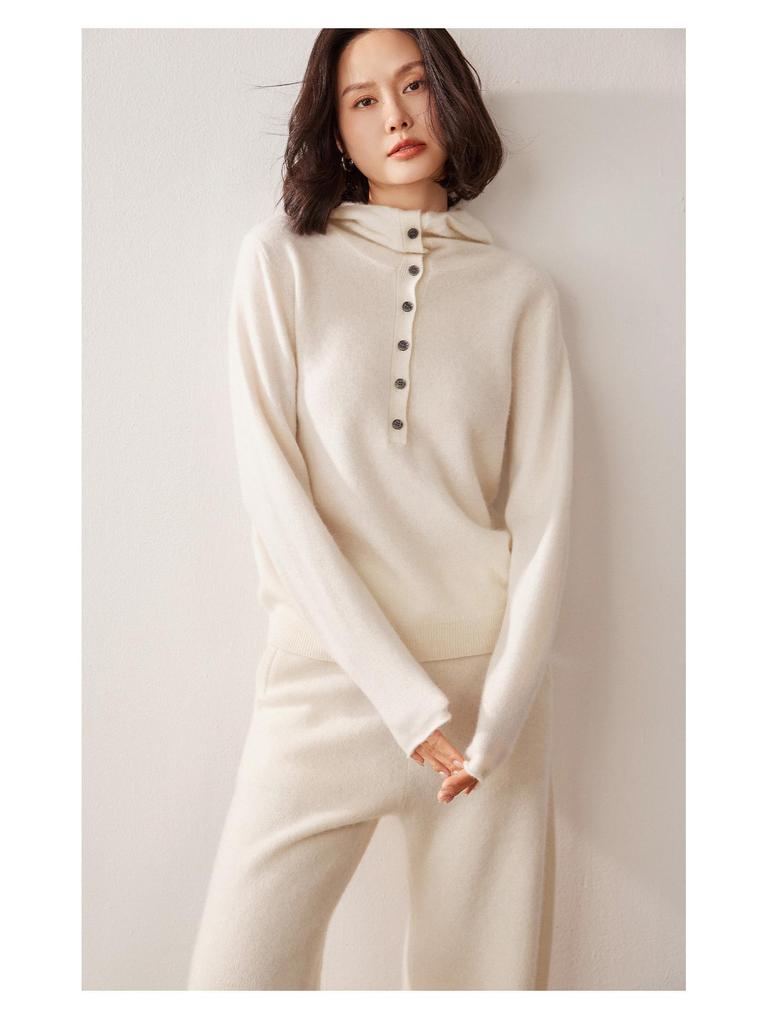 2025 A/W Women's Cashmere Knit Set: High-Waist Wide-Leg Pants & Drawstring Hoodie with Pockets, Korean Style Fashion