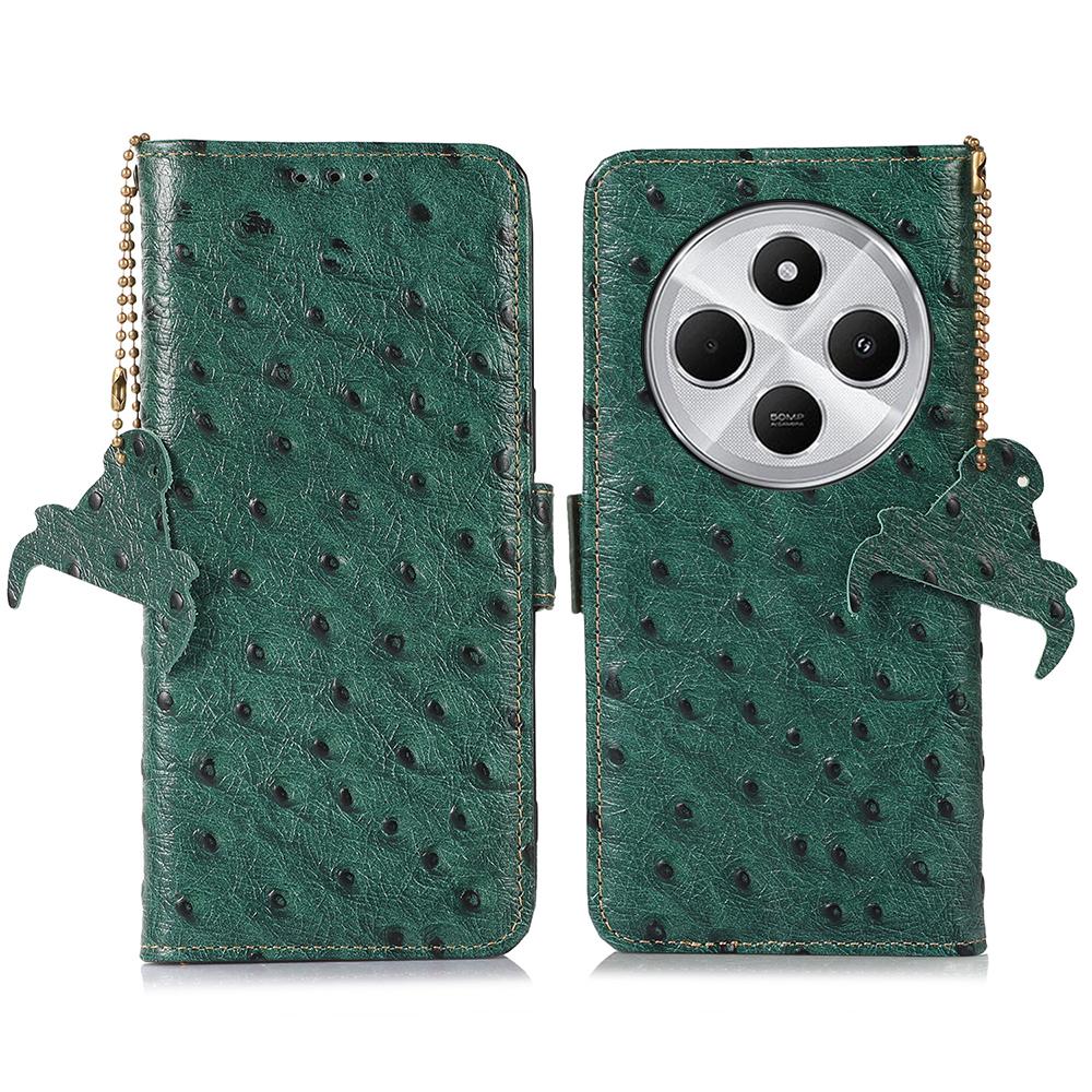 

For Xiaomi Poco C75 4G/Redmi 14R 5G/14C 4G Case RFID Blocking Genuine Cow Leather Phone Case Ostrich Texture Green