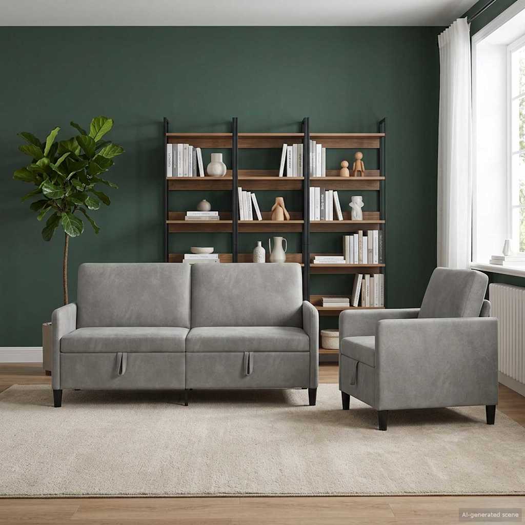 Sofa Set with Storage 2 pcs. Light Grey Polyester