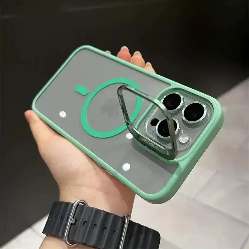 Magsafe Magnetic Lens Protection Stand Phone Case For IPhone 11 12 13 14 15 16 Pro Max Camera Glass Transparent Metal Ring Cover