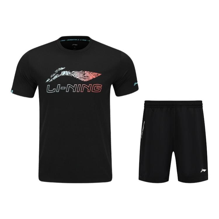 

Li-Ning Gradient Logo Quick-Dry Short Sleeve T-Shirt Comfortable Casual Sports Set Unisex Tops, Bottoms AHSV055-1+AAPU133-1 S