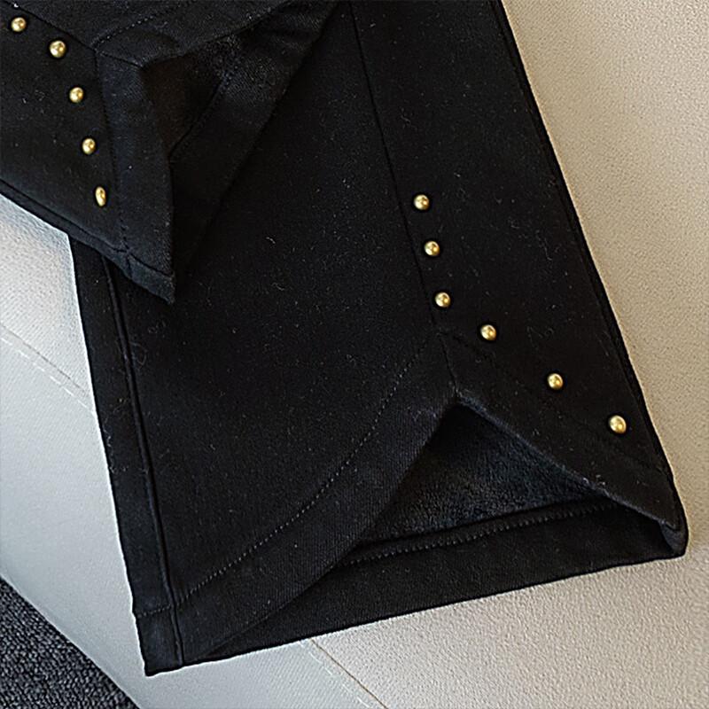 Women's High-Waisted Slim-Fit Washed Beaded Fleece-Lined Flare Jeans