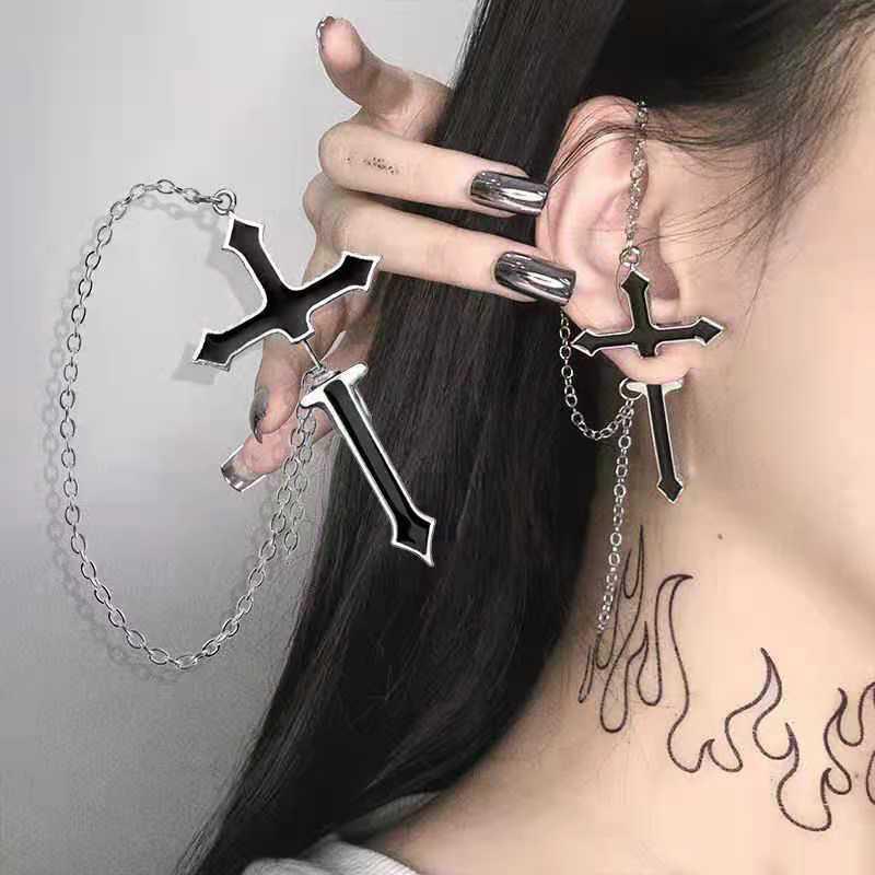 Punk Black Cross Drop Earrings For Teens Vintage Rock Pride Long Chain