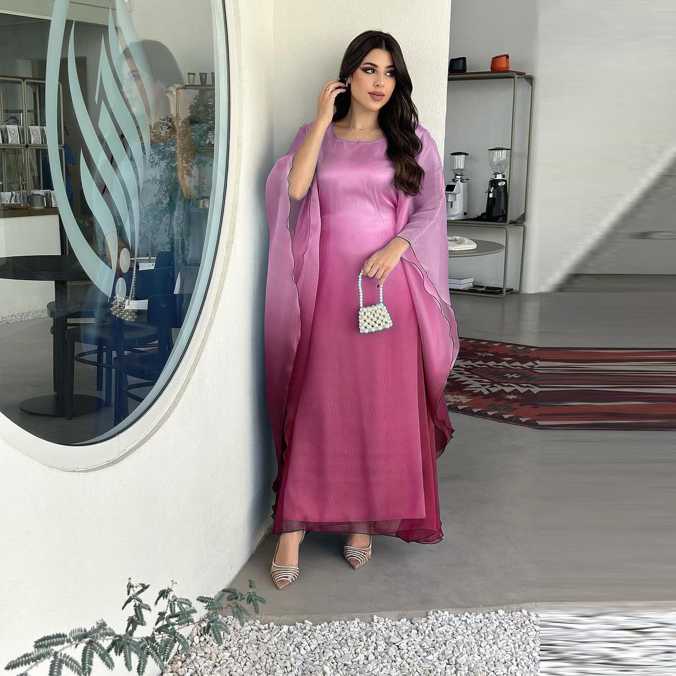 

Градиентное атласное платье мусульманское вечернее платье для женщин с рукавами «летучая мышь» длинные платья Марокко Vestidos Рамадан платье халат XS розы красного