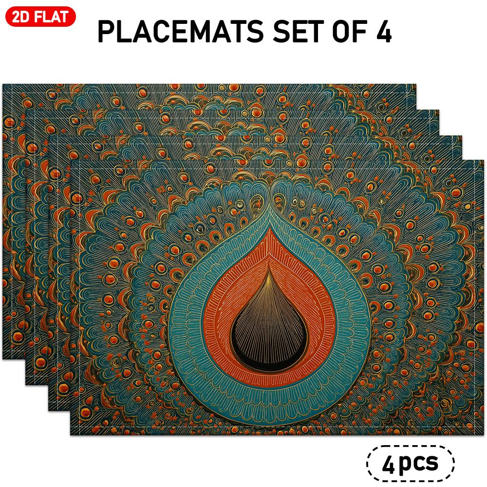 4pcs or 6pcs Elegant Peacock Feather Placemats - Blue & Orange Peacock Feather Pattern Linen Table, Hand Wash Only Rectangular Tableware Suitable for