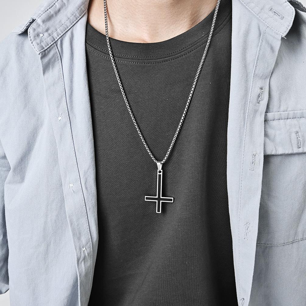 European and American Minimalist Reverse Cross Titanium Steel Necklace with Smooth Surface and Oil Dripping Personality