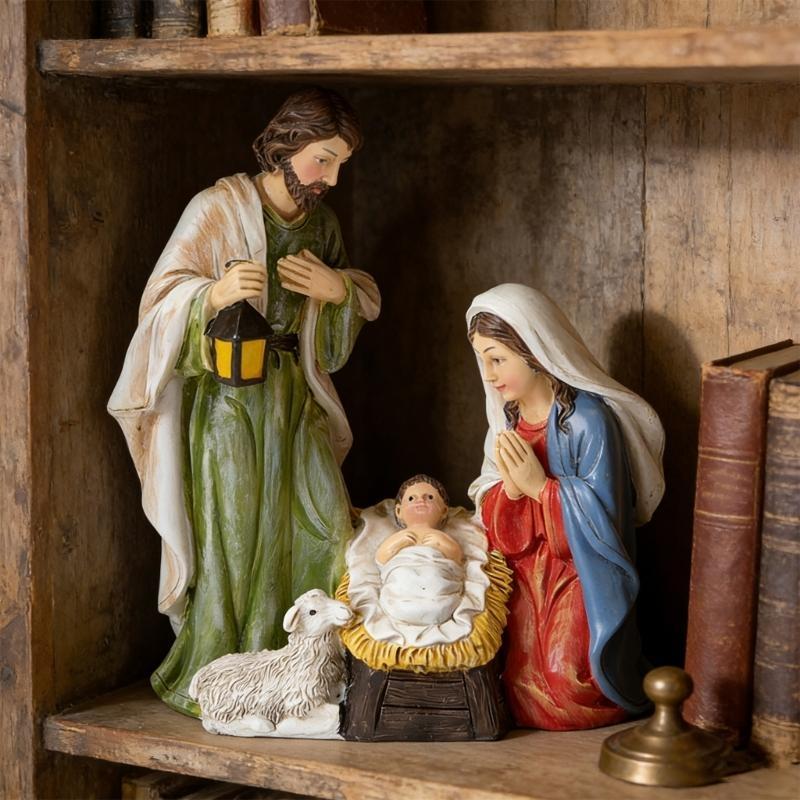 Friendly Resin Nativity Set LED Light Holy Family Three Persons Christmas Decoration for Indoor Festival Ambiances HX6C