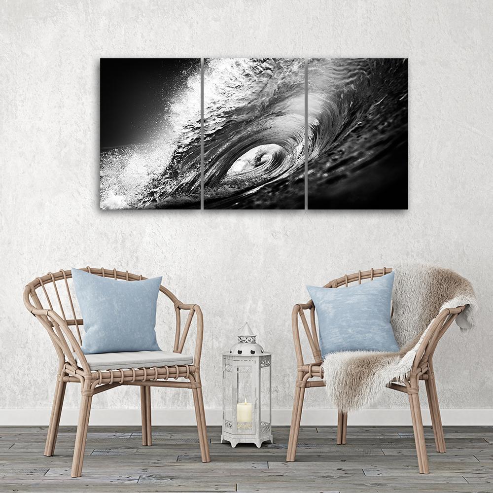 Three Piece Picture Canvas Print Waves Sea Ocean Black White