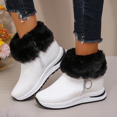 2025 Winter Neue Warmweiße Schneestiefel Damen Seitenreißverschluss Dickes Plüsch Versteckter Absatz Schuhe Frau Mode Kunstfell Plateau Stiefeletten