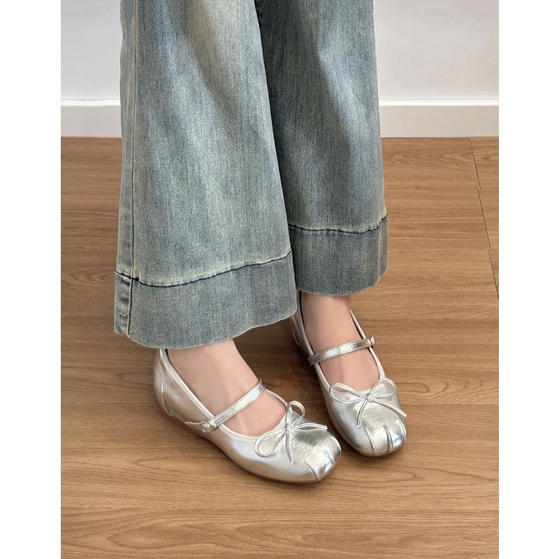 Silver Inner Height Increase 5cm Shallow Mouth Single Shoes Women's Bow Mary Jane Shoes French Ballet Shoes