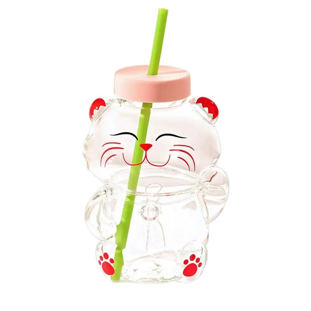 

Bear Shape Plastic Or Glass Cup With Straw Coffee Mug Juice Decor Year Drinkware Cup Glass Cartoon Cute Creative Tea Cup Ne L1G2