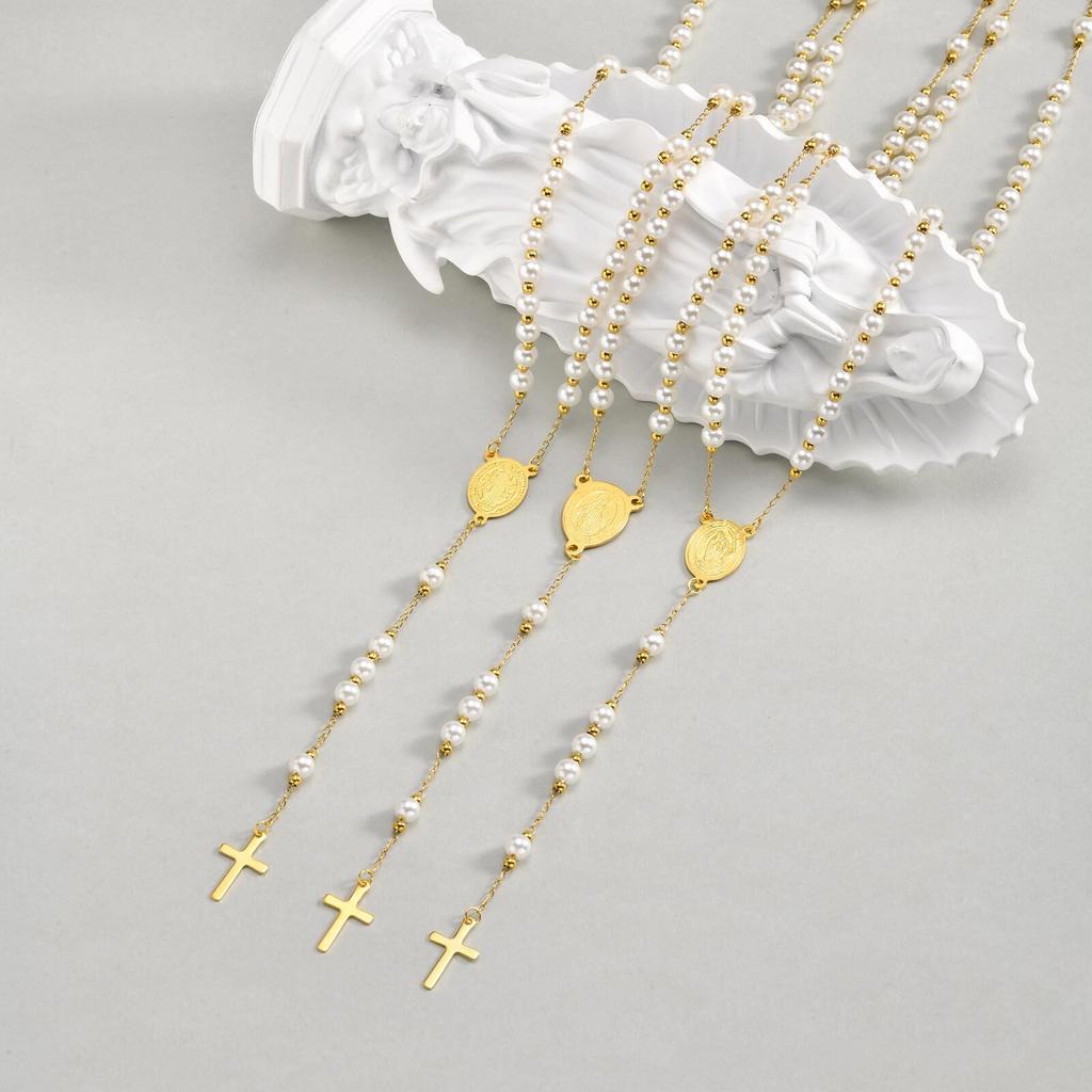 Rosary Pearls Beaded Cross Necklaces for Women, Virgin Mary Necklace, Non Tarnish Catholic Y Chain Crucifix Necklace Pendant
