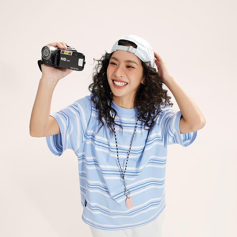 Li Ning Sports Fashion Series Simple Versatile Striped Drop Shoulder Round Neck Cotton Short Sleeve T-Shirt Unisex Tops Sky-Blue AHSU655-4