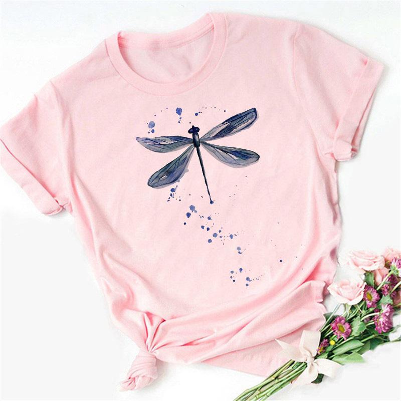 New Love Heart Dragonfly Print Women T-Shirt Fashion Casual Short Sleeves Ladies O-Collar T Shirts Streetwear Graphic Print Tops