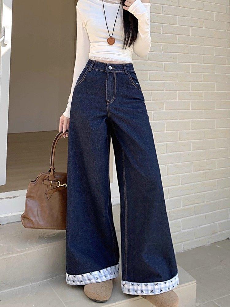 2025 Plus Size Retro Patchwork Plaid Wide-Leg Jeans for Women - Spring/Autumn Loose Fit