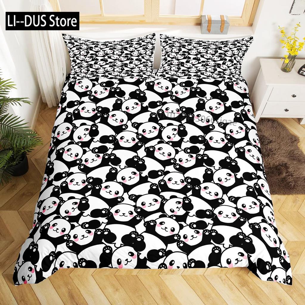 Panda Duvet Cover Set King Size Black And White Animal Comforter Cover With Pillowcases Starry Sky Blue Ultra Soft Quilt Cover