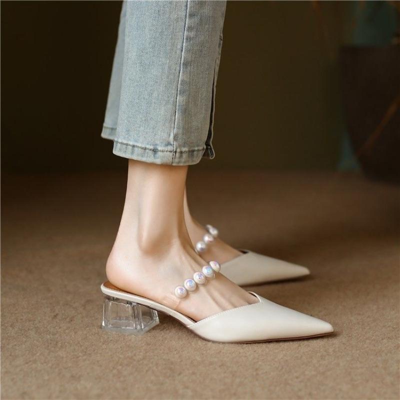 Women's Slippers and Ladies Sandals Mules Slides with Heel Shoes Crystals Rhenstone Summer 2024 Jewels Off White Pointed Toe Vip