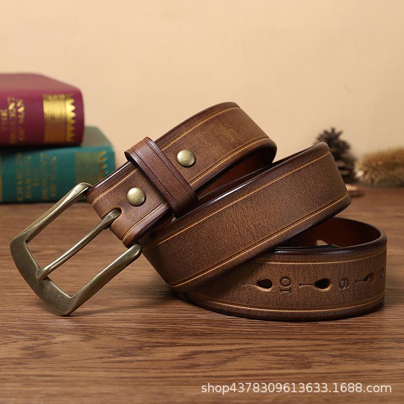 Belt Men's Retro Hand-Rub Color Distressed Pure Cowhide Leather Pin Buckle Fashion Trendy Korean Style Brass Buckle Belt