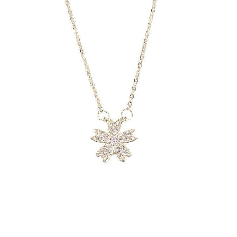 Sakura Flower Pendant Necklace: Women's Sweet Retro Zircon Clavicle Chain - Elegant & Stylish.