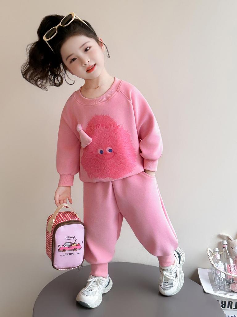Girls' Little Monster Print Sweatshirt & Sweatpants Set - Spring/Autumn Casual Two-Piece Outfit