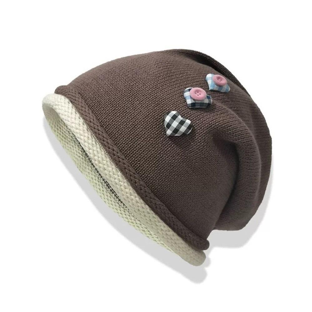 Heart Button Knitted Beanies Cap Vintage Pullover Hats Fashion Y2k Baggy Cap  Streetwear
