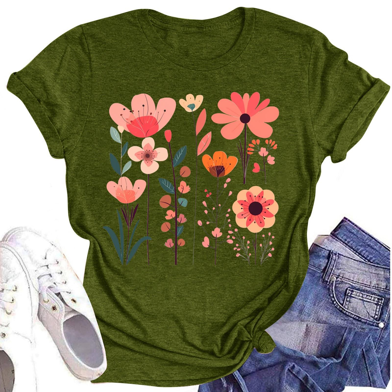 

Женская повседневная футболка с круглым вырезом и цветочным принтом, короткий рукав L армия зеленый