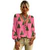 Women's Christmas Print Long Sleeve V-Neck Top with Ruffle Trim and Front Tie