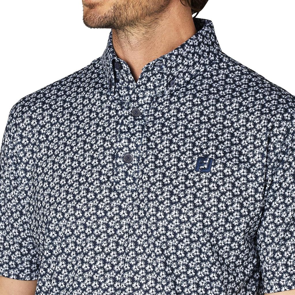 FootJoy Men's Floral Print Short Sleeve Button-Down Golf Shirt, Navy, Size M (FJ-S25-S14, 34559-M)