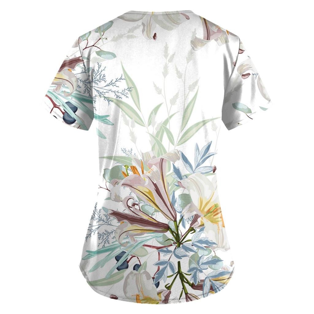 Women Fashion Spring And Summer Oil Painting Print V-neck Short Sleeve Workwear With Pockets Tops