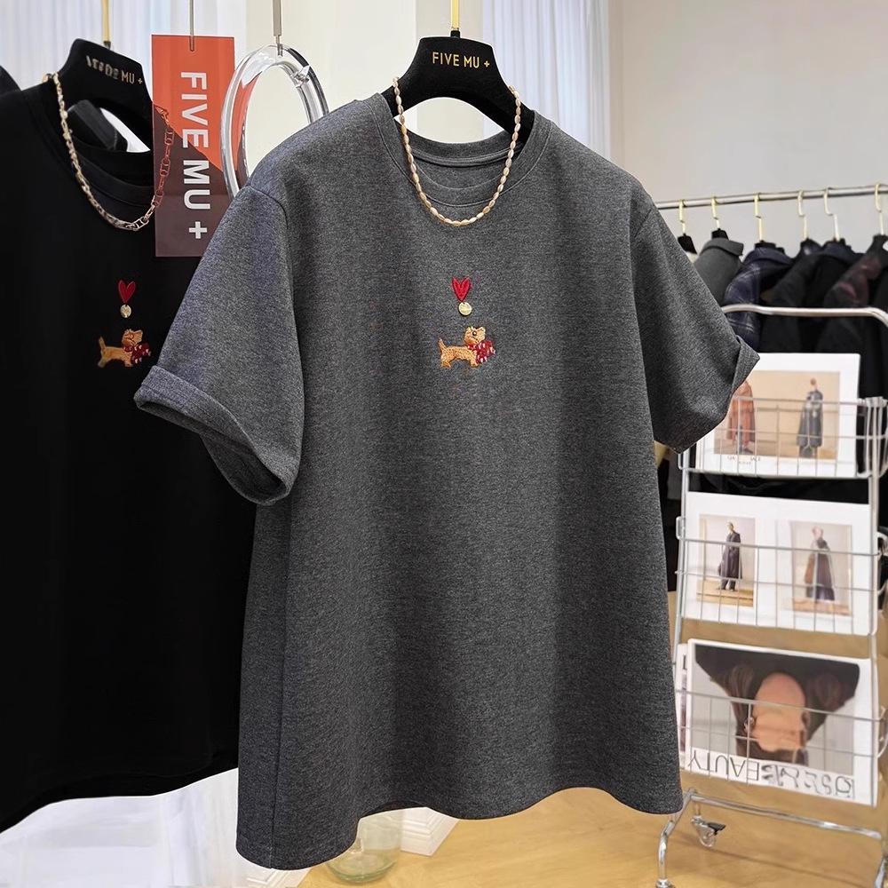 Women’s Early Spring Cartoon Embroidery Crew Neck Half Sleeve T-Shirt