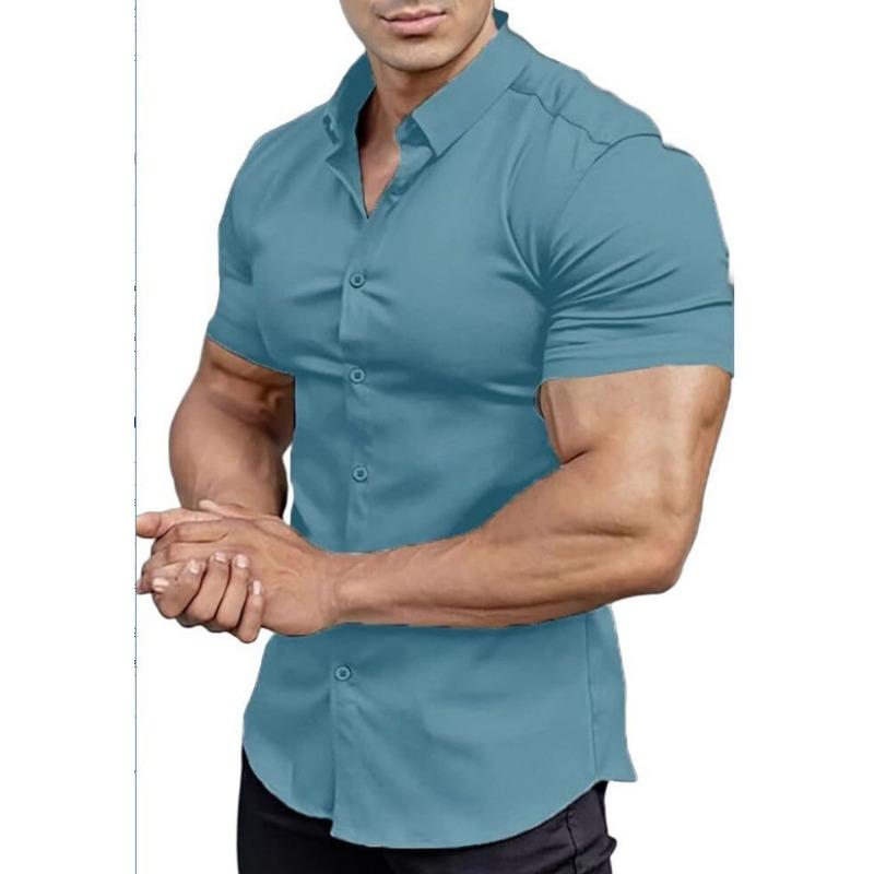 Men Short Sleeve Turn Down Collar Solid Casual Shirt