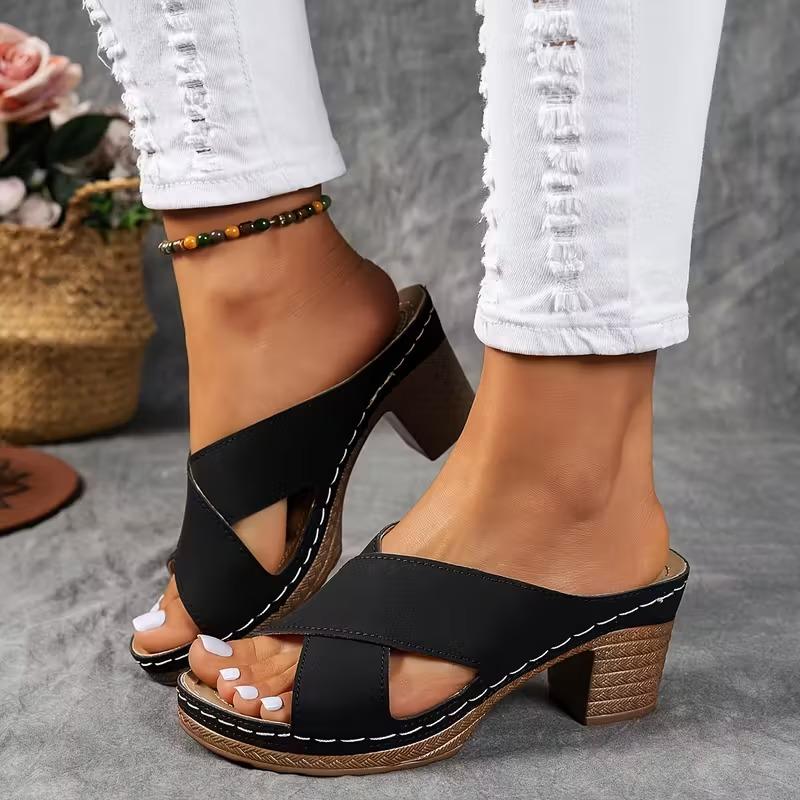Women Summer Lightweight Hollow Sandals High Heels New Dress Chunky Cross Open Toe Slippers Plus Size Female Casual Slides Shoes