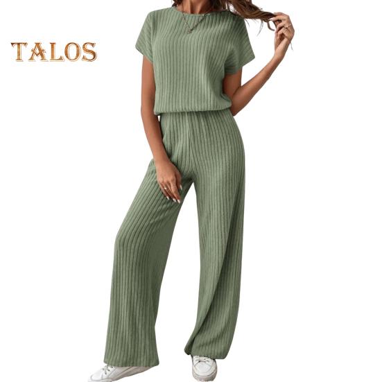 

Женский комплект из двух частей, трикотажный свитер с коротким рукавом, топ с широкими штанинами, комплекты для отдыха, повседневный трикотажный наряд в рубчик для весны и осени XXL зелёный