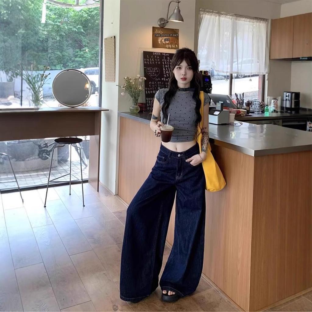 2024 Women's Dark Blue High-Waist Wide-Leg Jeans – Floor-Length & Stylish