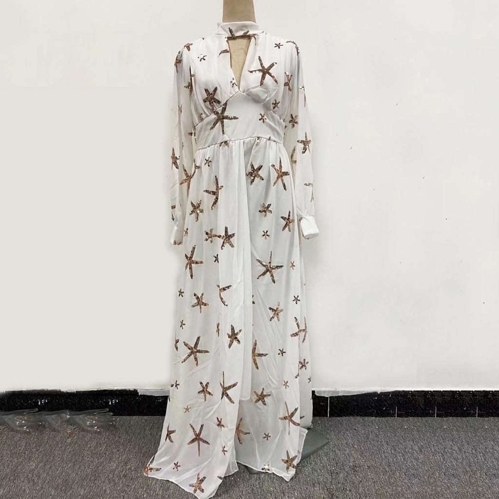 YX2025 new multi-color mass stock semi-turtleneck sequin slit lantern sleeve big pendulum dress chiffon dress
