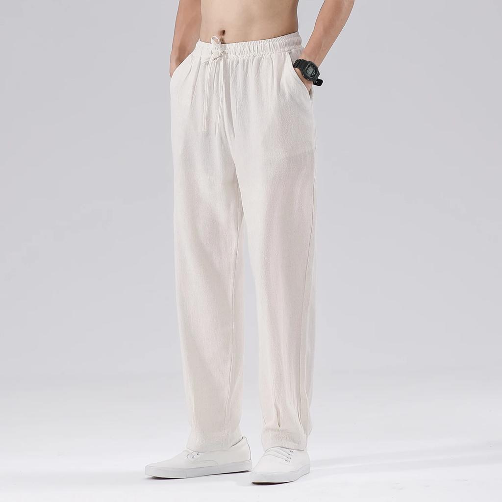 2026 Summer Men Chinese Style Linen Pants Men Solid Color Cotton Harem Pants Male Loose Straight Elastic Waist Joggers Trousers