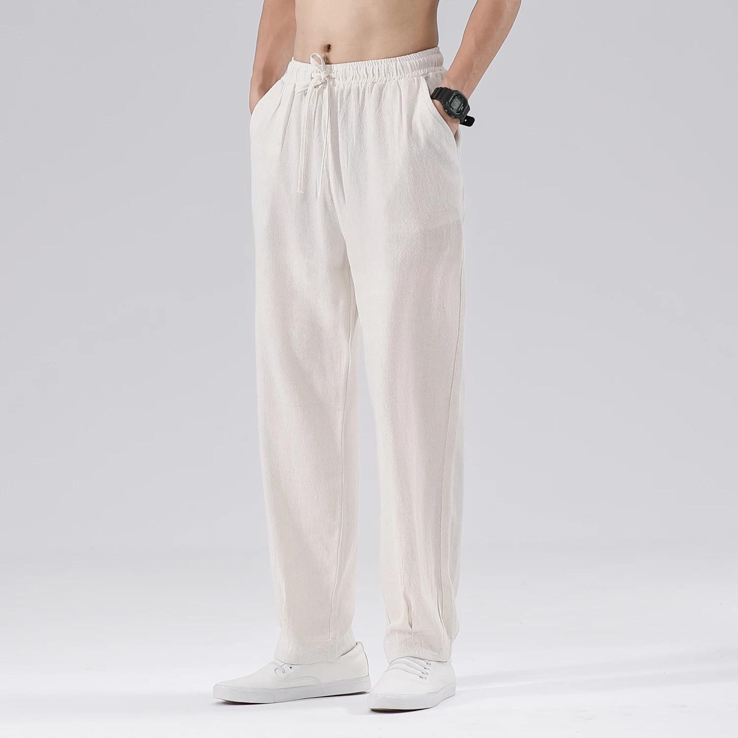 

2026 Summer Men Chinese Style Linen Pants Men Solid Color Cotton Harem Pants Male Loose Straight Elastic Waist Joggers Trousers M